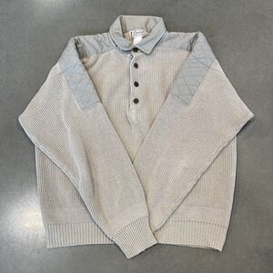 Vintage 80s-90s Orvis Beige Shawl Collar Cotton Sweater Shoulder Patches Men's L